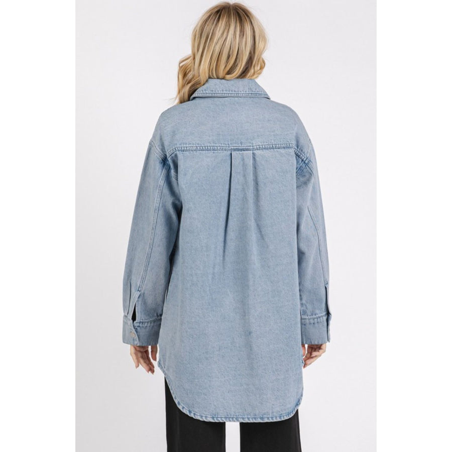 Mittoshop Light Wash Patch Pocket Longline Denim Jacket Apparel and Accessories