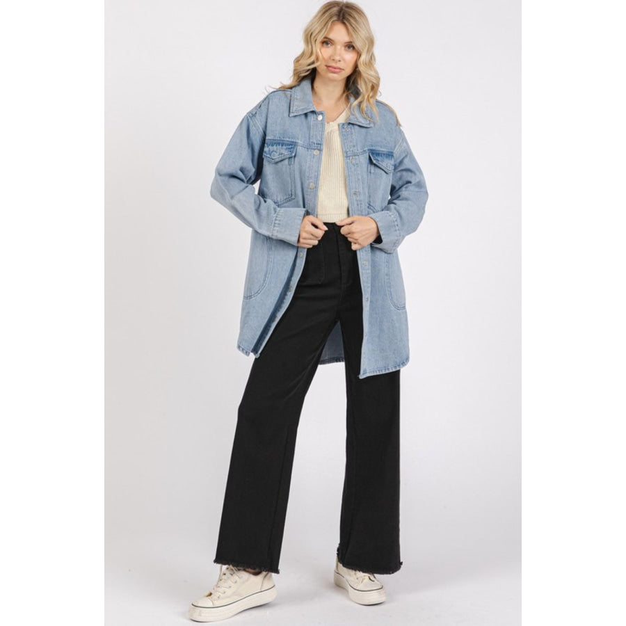 Mittoshop Light Wash Patch Pocket Longline Denim Jacket Apparel and Accessories