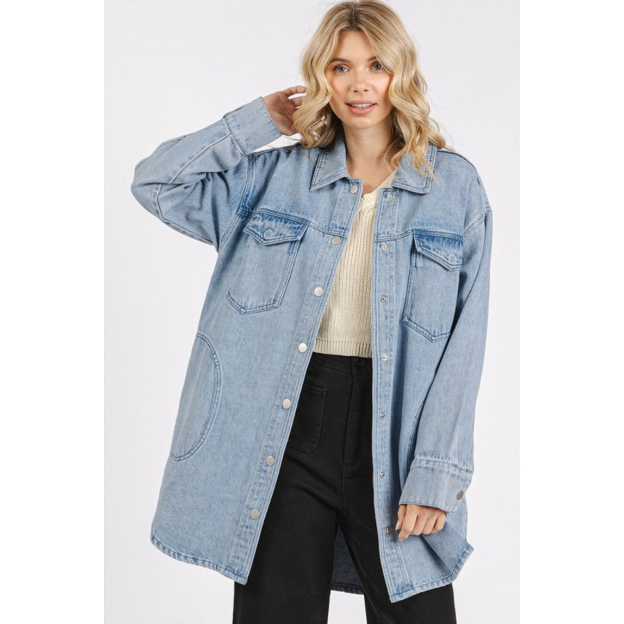 Mittoshop Light Wash Patch Pocket Longline Denim Jacket Apparel and Accessories