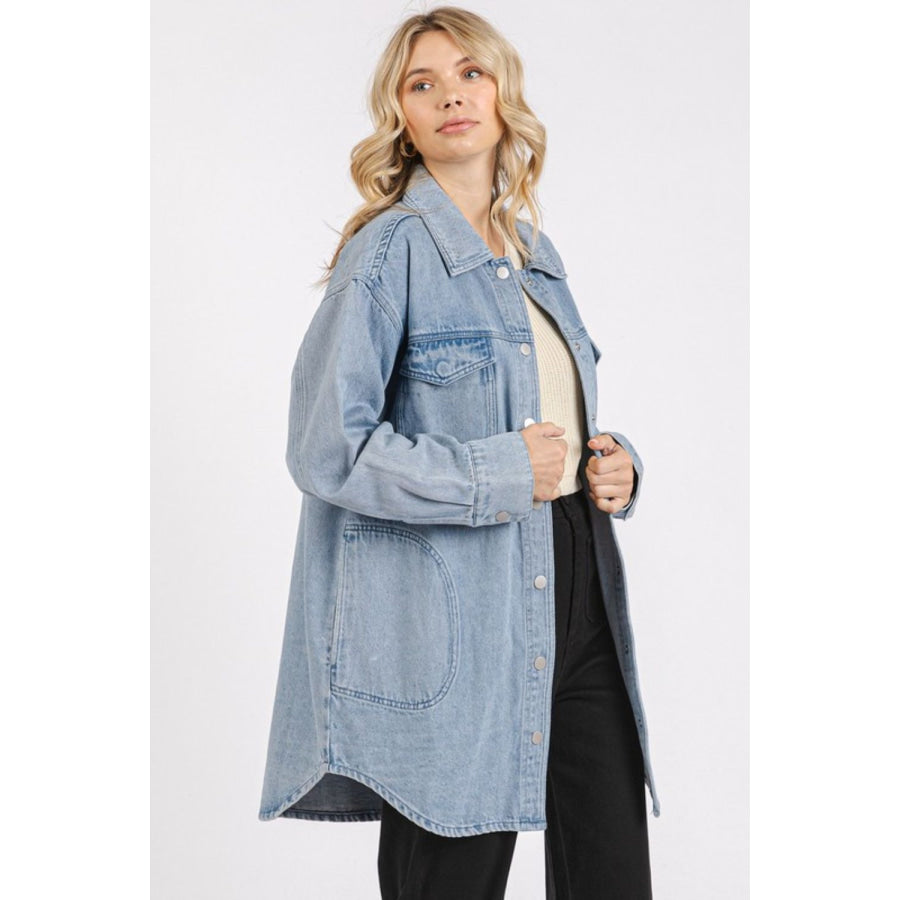 Mittoshop Light Wash Patch Pocket Longline Denim Jacket Apparel and Accessories