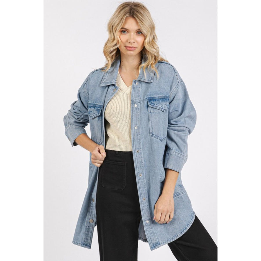 Mittoshop Light Wash Patch Pocket Longline Denim Jacket Apparel and Accessories