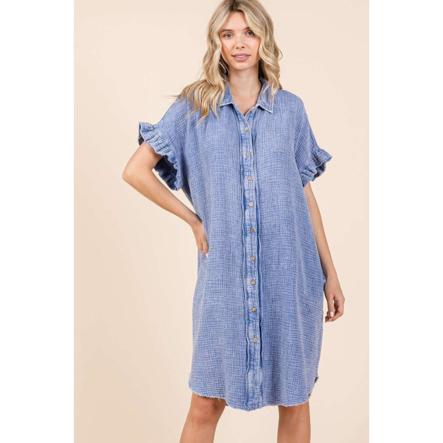 Mittoshop Mineral Wash Cotton Gauze Mini Shirt Dress Blue / S Apparel and Accessories