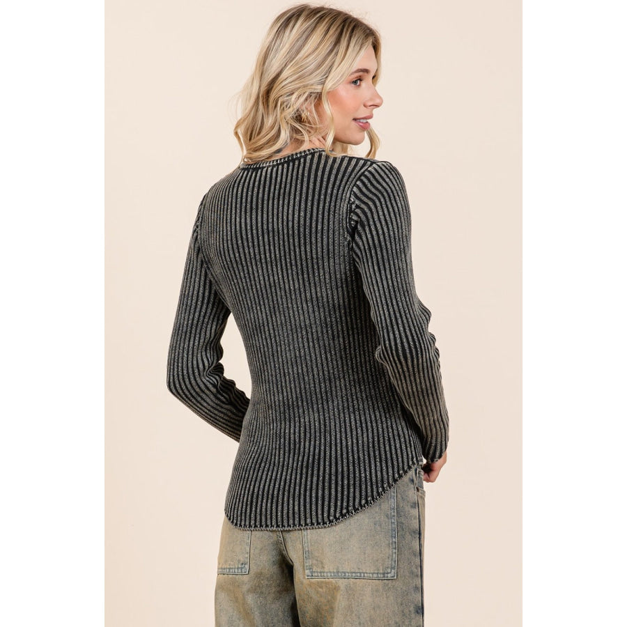 Mittoshop Mineral Wash Fitted Long Sleeve Rib Knit Top Apparel and Accessories