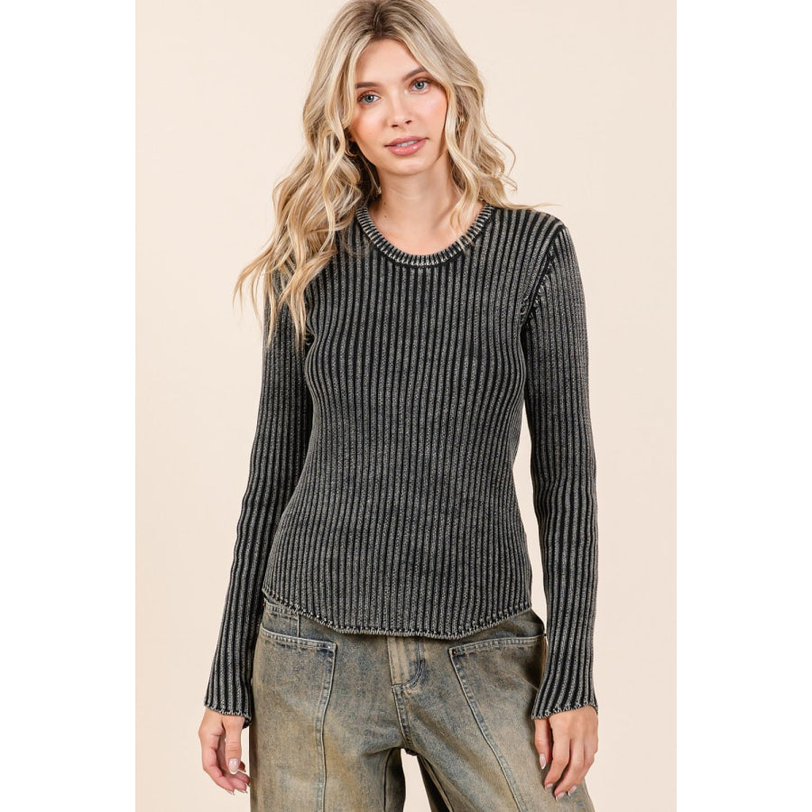 Mittoshop Mineral Wash Fitted Long Sleeve Rib Knit Top Apparel and Accessories