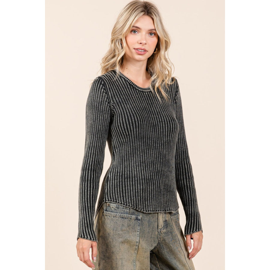 Mittoshop Mineral Wash Fitted Long Sleeve Rib Knit Top Apparel and Accessories