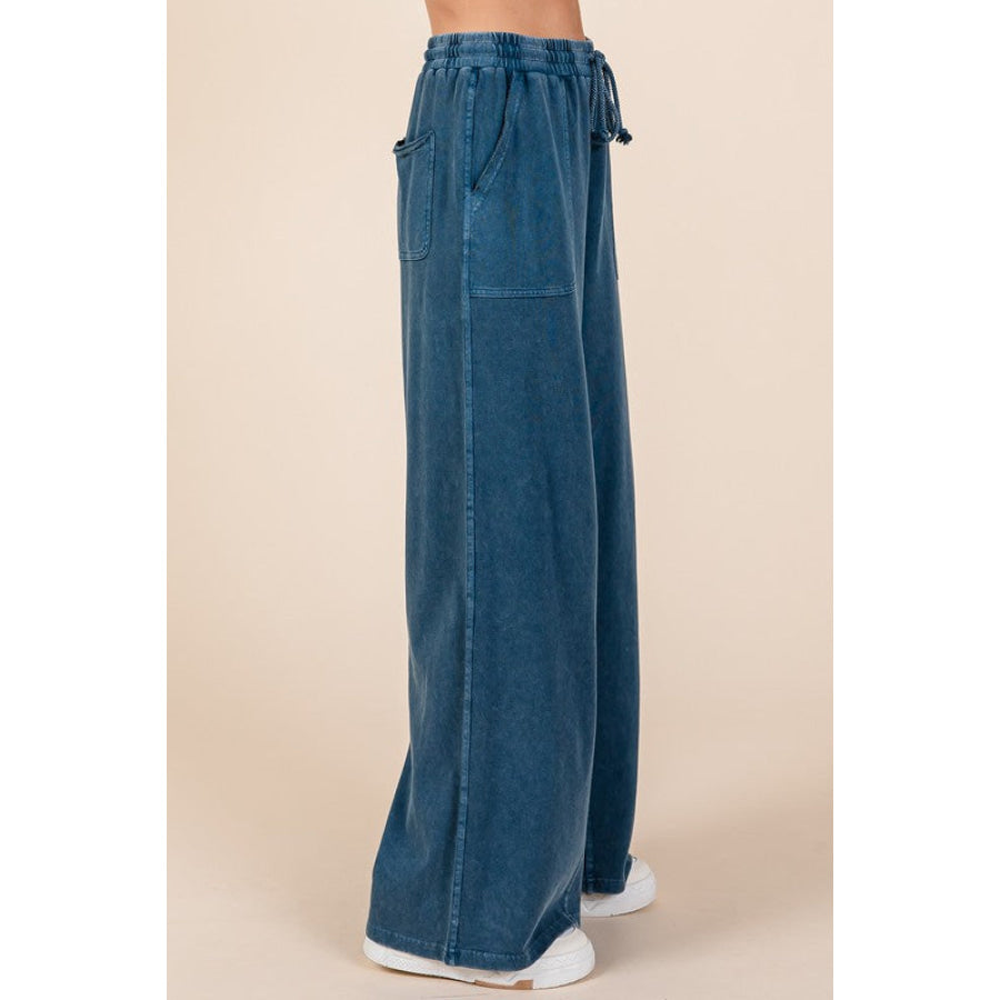 Mittoshop Mineral Wash French Terry Drawstring Wide Leg Pants Apparel and Accessories