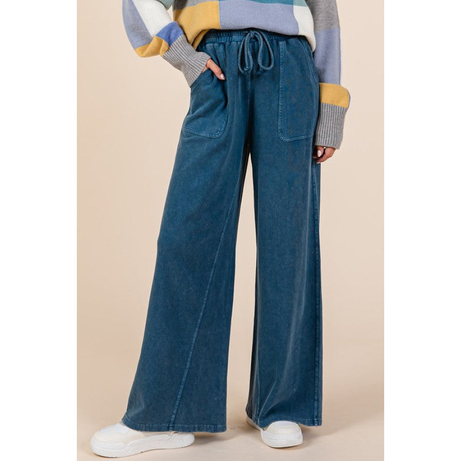 Mittoshop Mineral Wash French Terry Drawstring Wide Leg Pants Dark Blue / S Apparel and Accessories