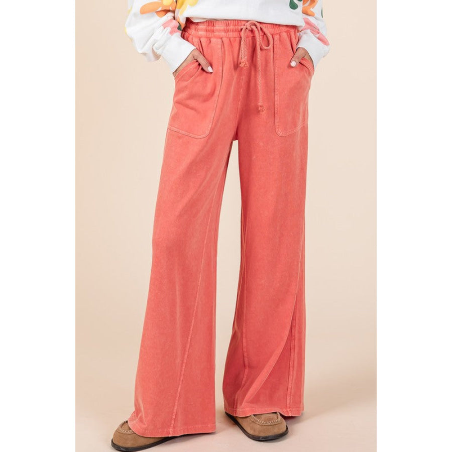 Mittoshop Mineral Wash French Terry Drawstring Wide Leg Pants Orange-Red / S Apparel and Accessories