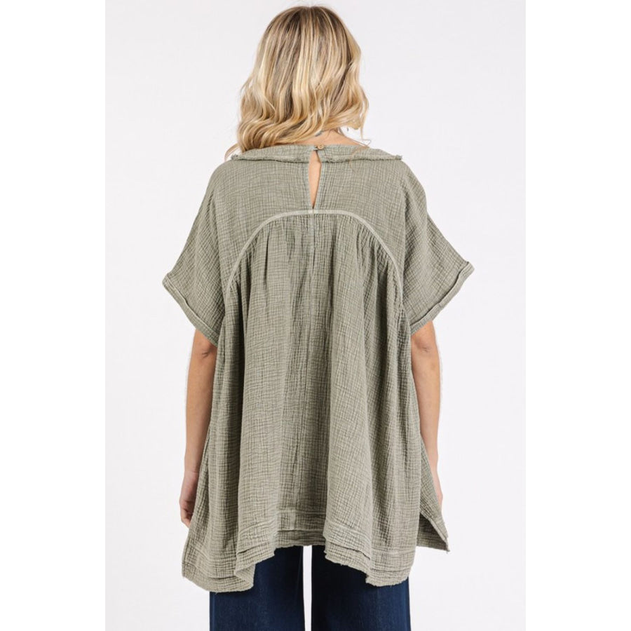 Mittoshop Mineral Wash Gauze Babydoll V-Neck Oversized Blouse Apparel and Accessories