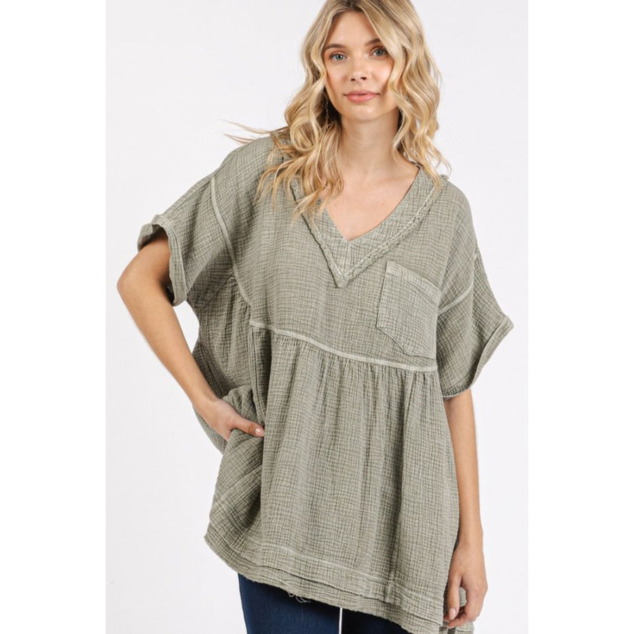 Mittoshop Mineral Wash Gauze Babydoll V-Neck Oversized Blouse Lt Olive / S Apparel and Accessories