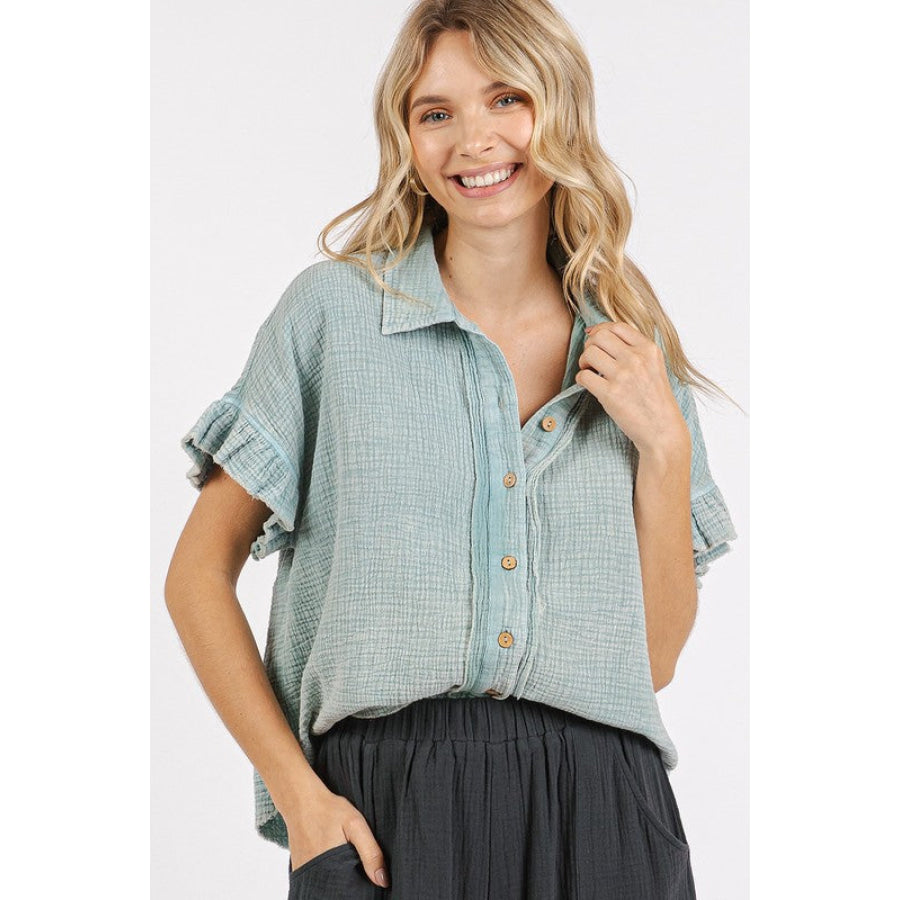 Mittoshop Mineral Washed Button Down Flounce Sleeve Shirt Apparel and Accessories