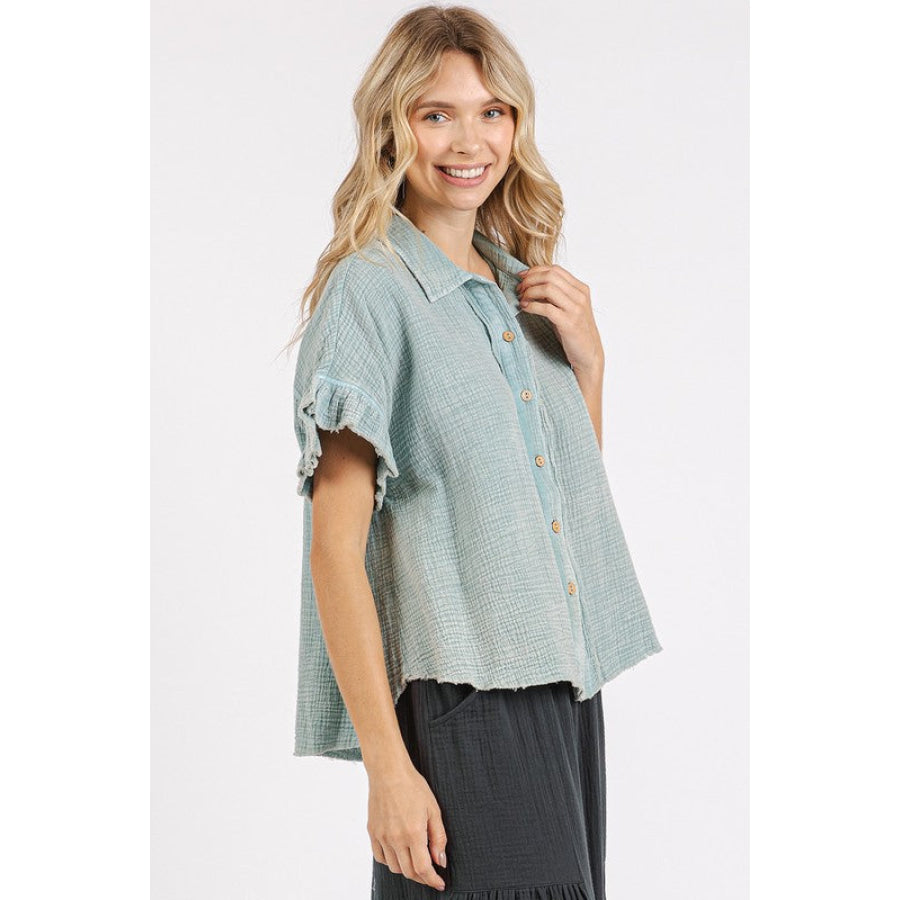 Mittoshop Mineral Washed Button Down Flounce Sleeve Shirt Apparel and Accessories