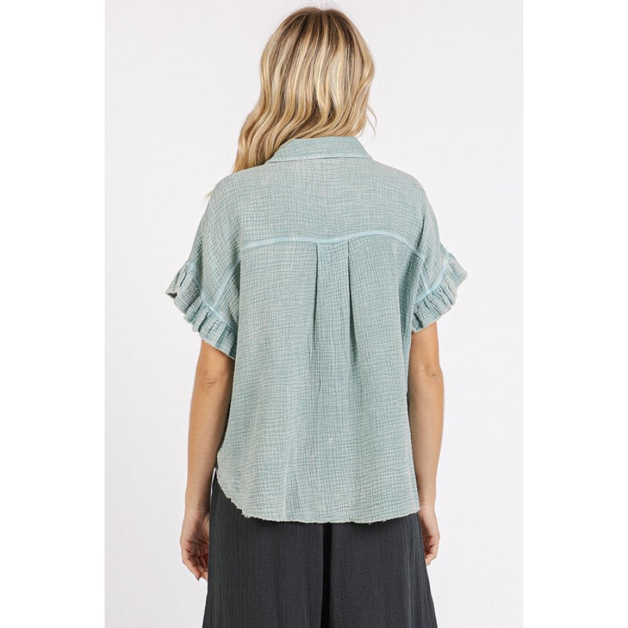 Mittoshop Mineral Washed Button Down Flounce Sleeve Shirt Apparel and Accessories