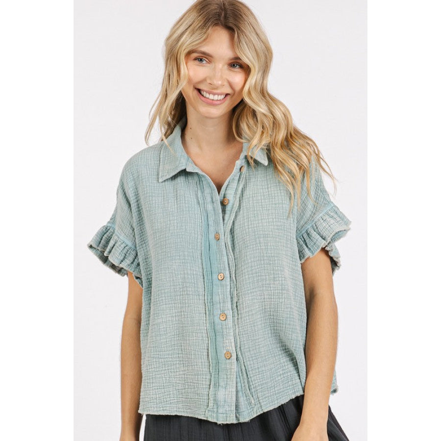 Mittoshop Mineral Washed Button Down Flounce Sleeve Shirt Faded Blue / S Apparel and Accessories