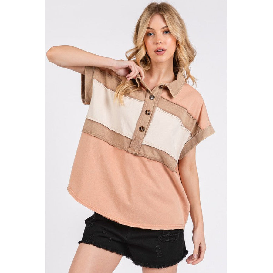 Mittoshop Mineral Washed Half Button Polo Top Apricot / S Apparel and Accessories