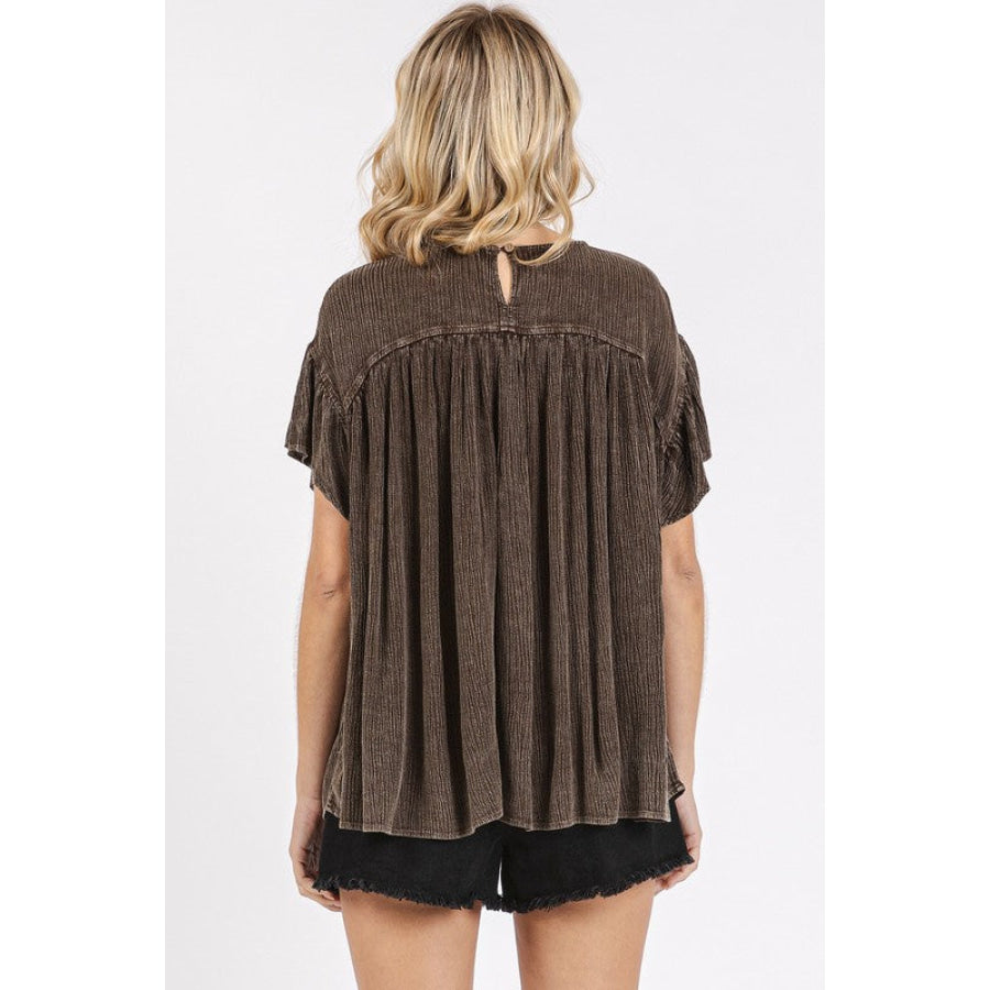 Mittoshop Mineral Washed Round Neck Ruffle Sleeve Blouse Apparel and Accessories