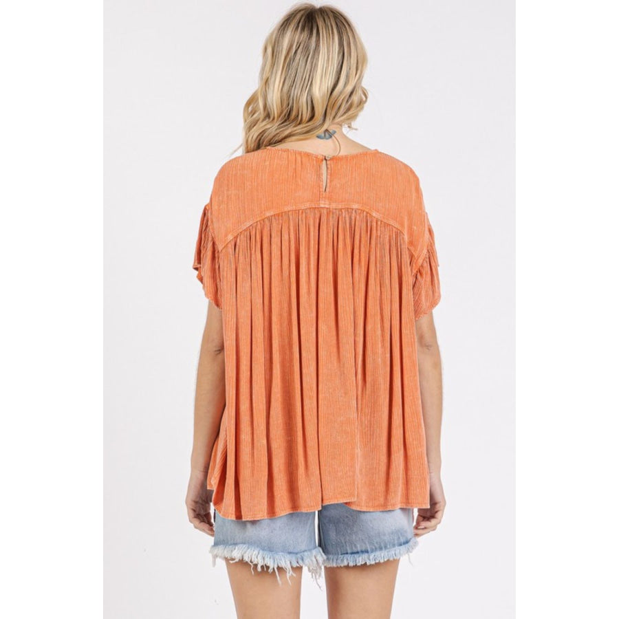 Mittoshop Mineral Washed Round Neck Ruffle Sleeve Blouse Apparel and Accessories