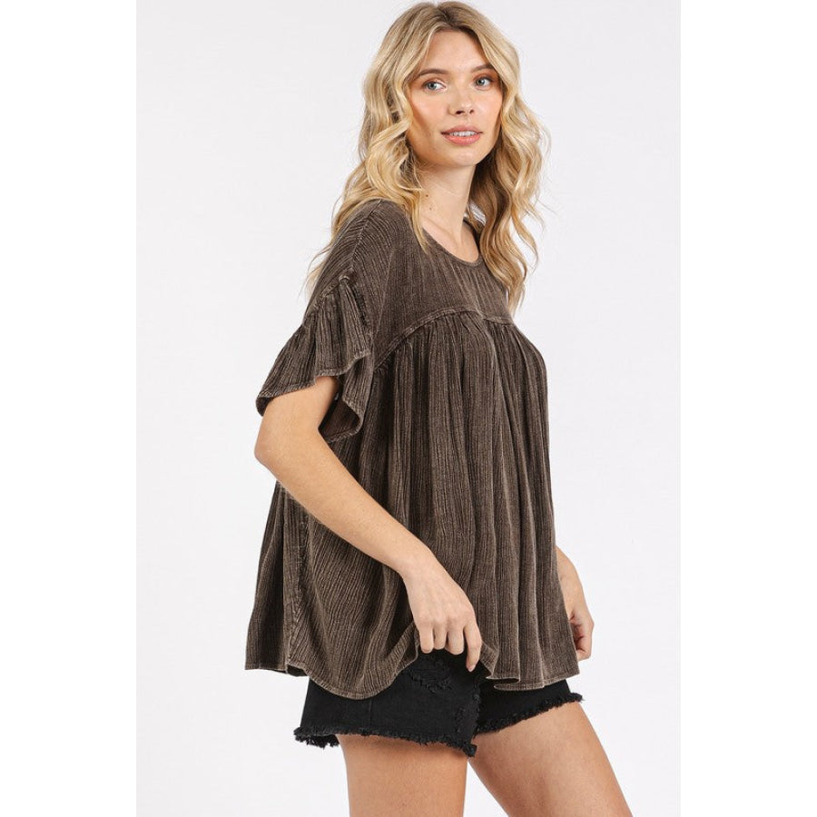 Mittoshop Mineral Washed Round Neck Ruffle Sleeve Blouse Apparel and Accessories