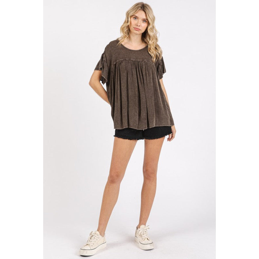 Mittoshop Mineral Washed Round Neck Ruffle Sleeve Blouse Apparel and Accessories