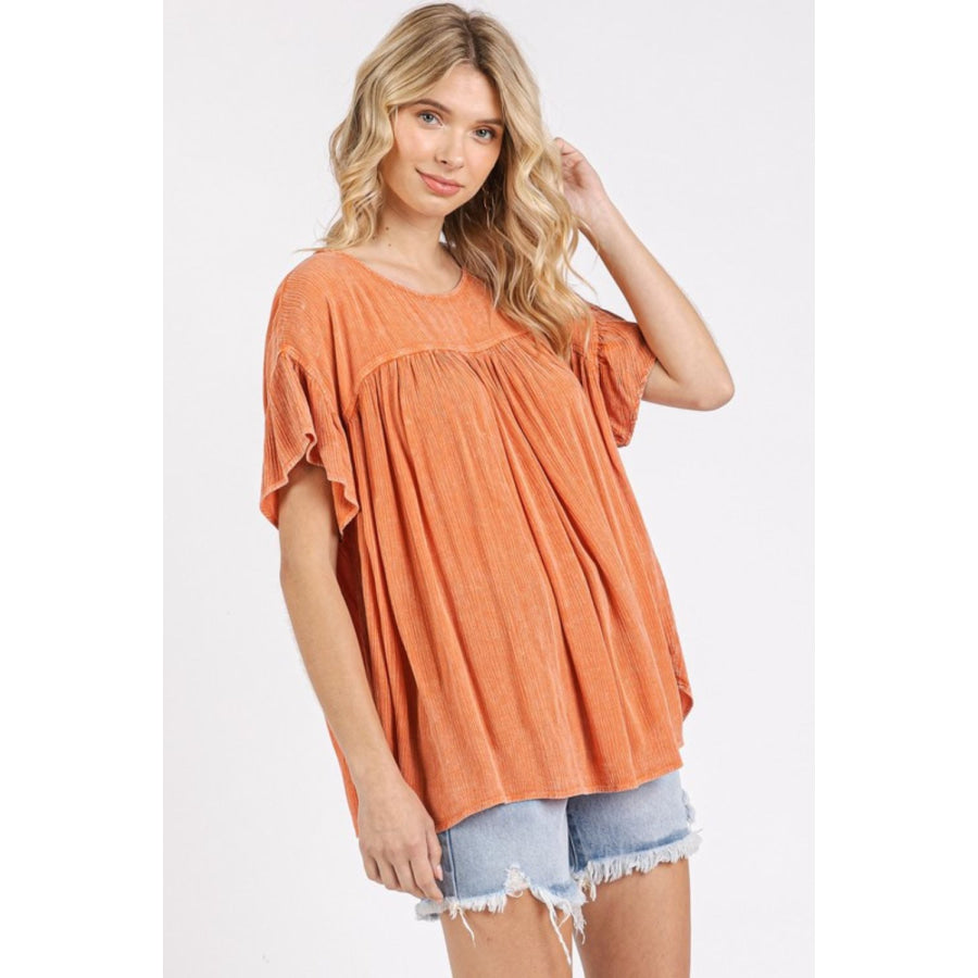 Mittoshop Mineral Washed Round Neck Ruffle Sleeve Blouse Apparel and Accessories