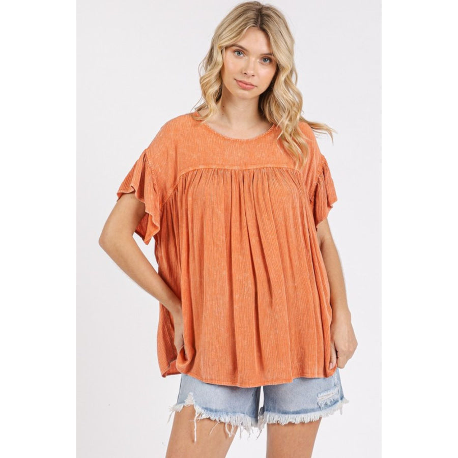 Mittoshop Mineral Washed Round Neck Ruffle Sleeve Blouse Apparel and Accessories