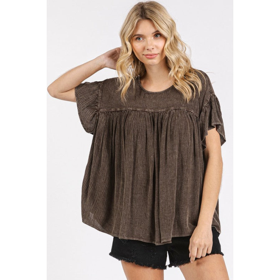 Mittoshop Mineral Washed Round Neck Ruffle Sleeve Blouse Apparel and Accessories