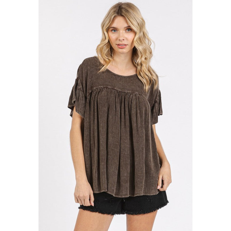 Mittoshop Mineral Washed Round Neck Ruffle Sleeve Blouse Chocolate / S Apparel and Accessories