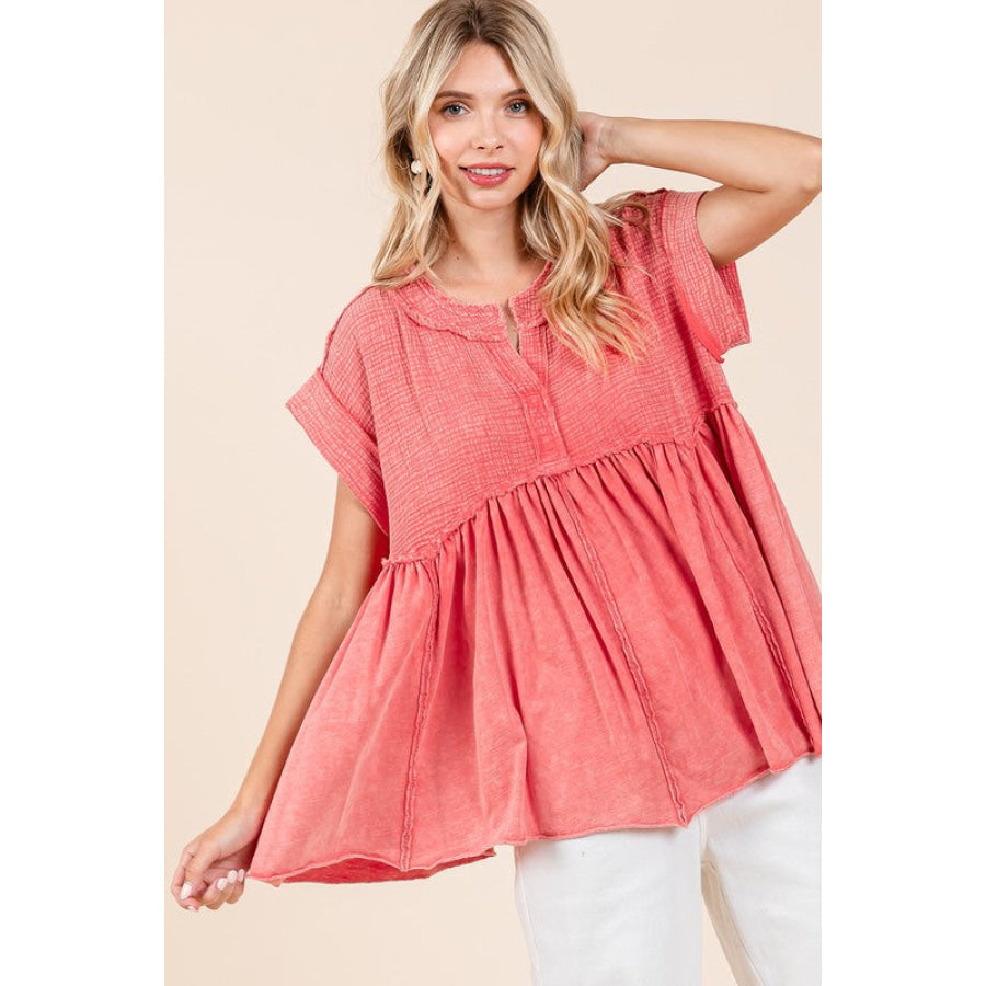 Mittoshop Mixed Media Mineral Wash Babydoll Short Sleeve Blouse Coral / S Apparel and Accessories