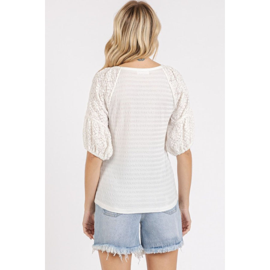 Mittoshop Mixed Media Textured Knit Popcorn Puff Sleeve Blouse Apparel and Accessories