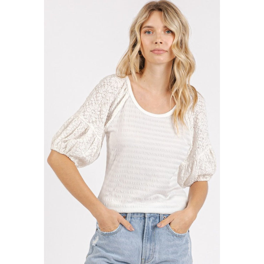 Mittoshop Mixed Media Textured Knit Popcorn Puff Sleeve Blouse Apparel and Accessories