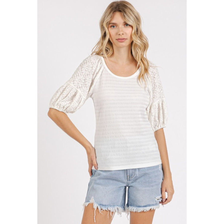 Mittoshop Mixed Media Textured Knit Popcorn Puff Sleeve Blouse Apparel and Accessories