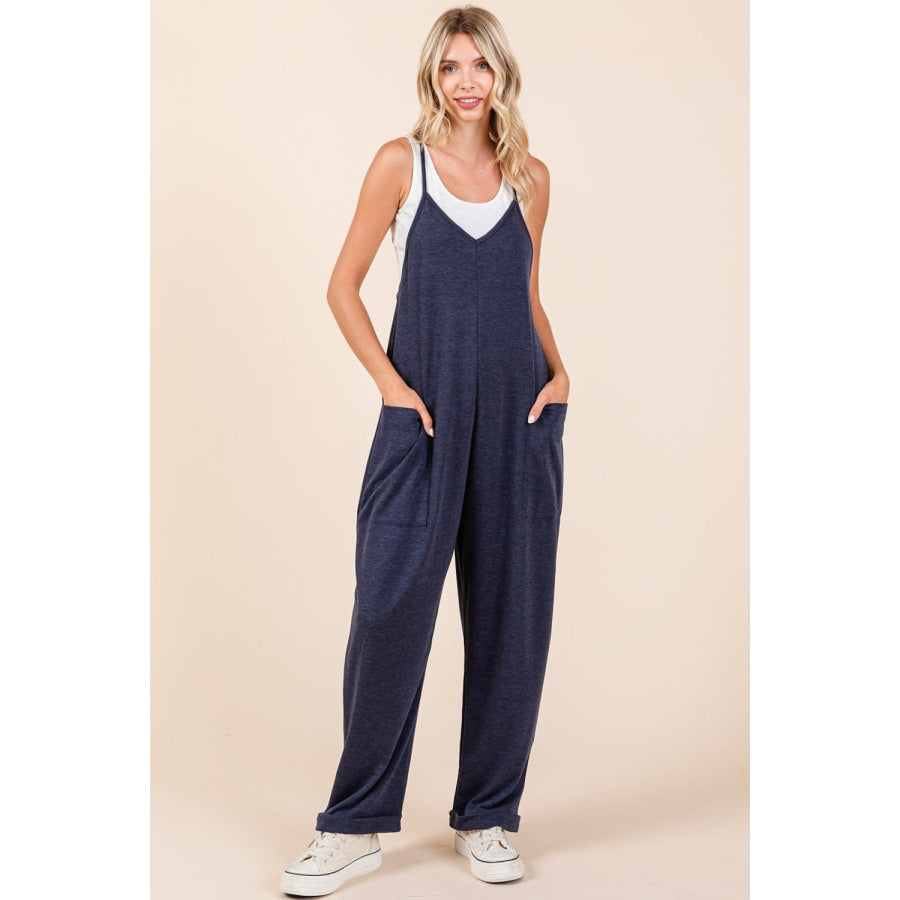 Mittoshop Patch Pocket Wide Leg Sleeveless Jumpsuit Navy / S Apparel and Accessories