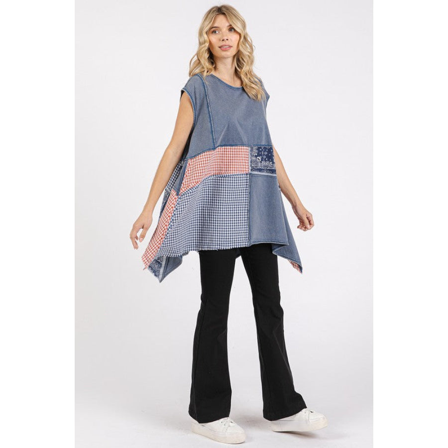 Mittoshop Patchwork Mineral Washed Round Neck Cap Sleeve Top Apparel and Accessories