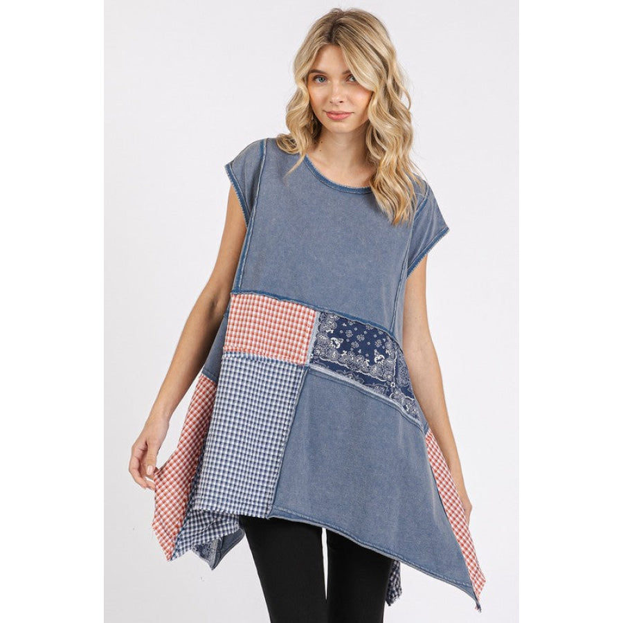 Mittoshop Patchwork Mineral Washed Round Neck Cap Sleeve Top NAVY / S Apparel and Accessories