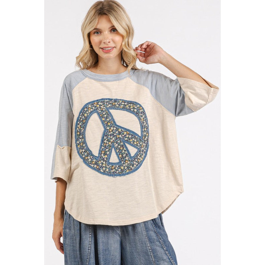 Mittoshop Peace Sign Patch Mineral Washed T-Shirt Blue/Natural / S Apparel and Accessories