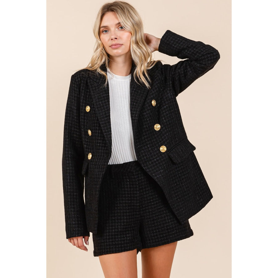 Mittoshop Plaid Texture Double-Breasted Long Sleeve Blazer Apparel and Accessories