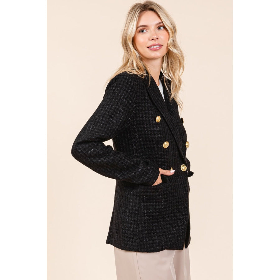 Mittoshop Plaid Texture Double-Breasted Long Sleeve Blazer Apparel and Accessories