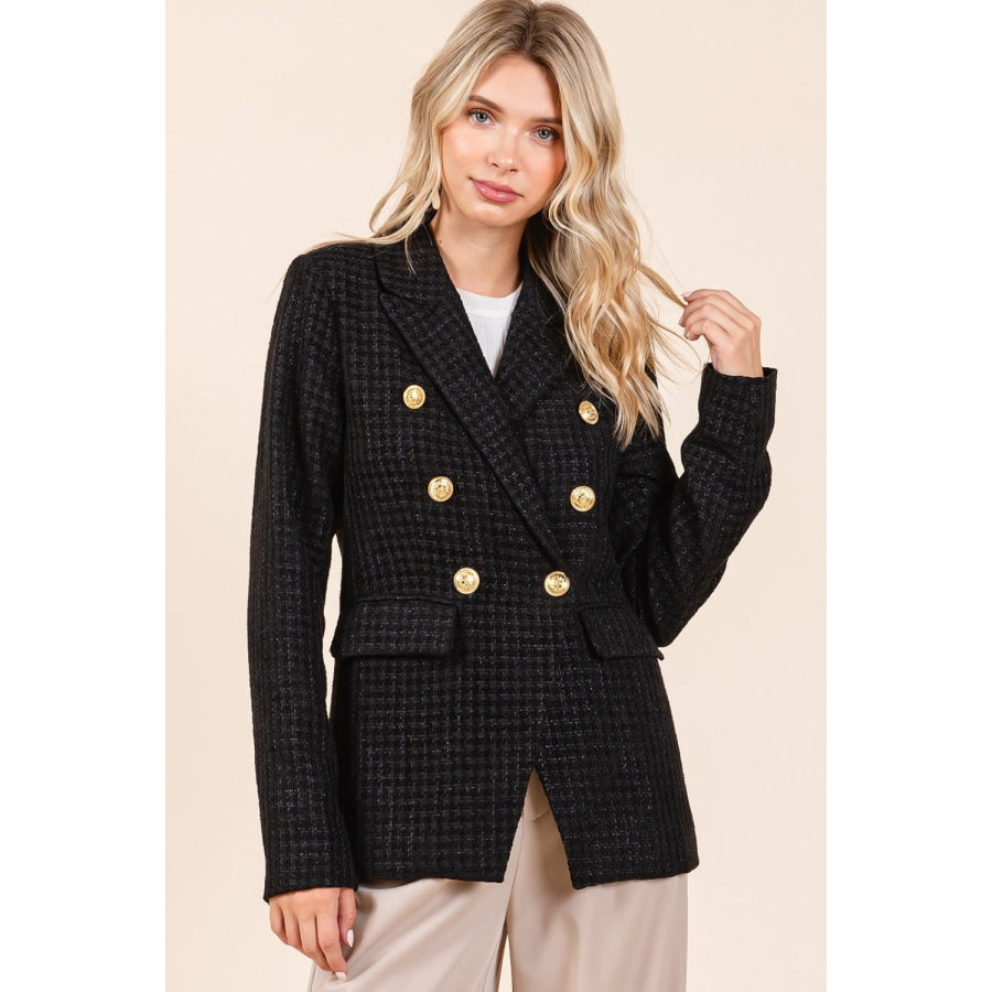 Mittoshop Plaid Texture Double-Breasted Long Sleeve Blazer Apparel and Accessories