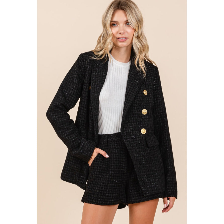 Mittoshop Plaid Texture Double-Breasted Long Sleeve Blazer Apparel and Accessories