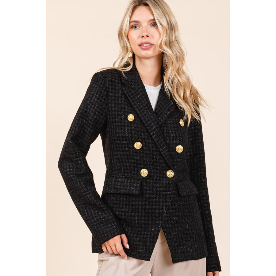 Mittoshop Plaid Texture Double-Breasted Long Sleeve Blazer Black / S Apparel and Accessories