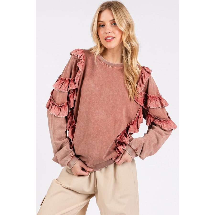 Mittoshop Ruffled Mineral Washed Round Neck Long Sleeve Sweatshirt Antique Rose / S Apparel and Accessories