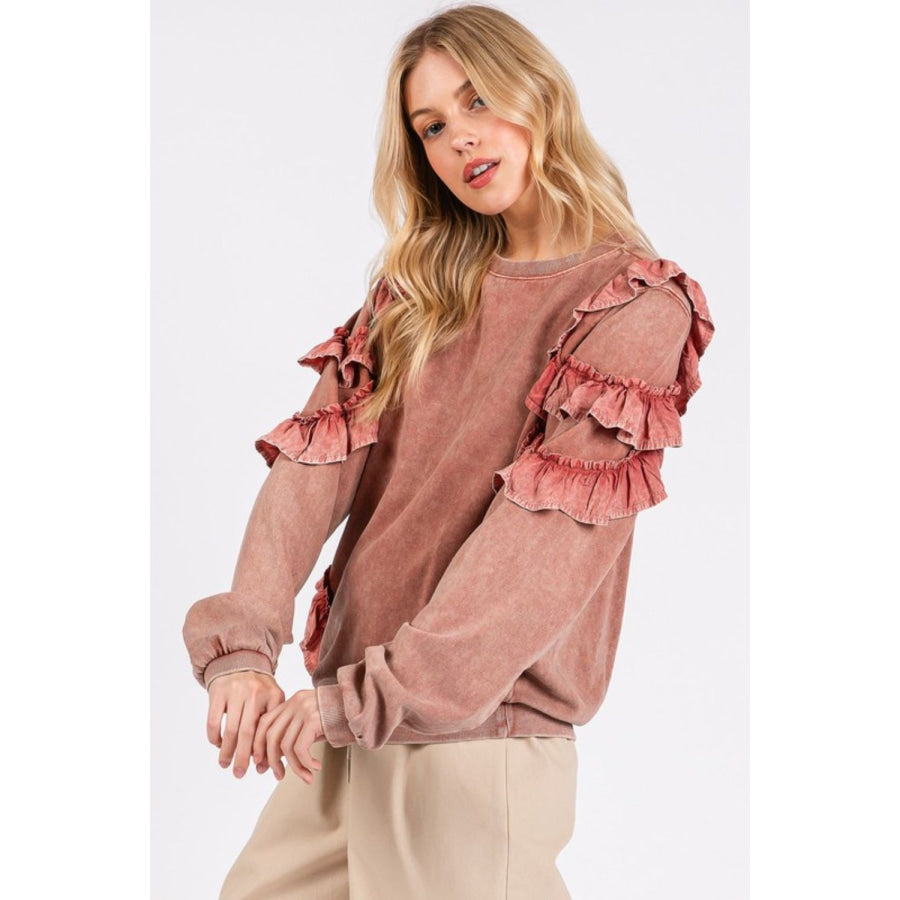 Mittoshop Ruffled Mineral Washed Round Neck Long Sleeve Sweatshirt Apparel and Accessories