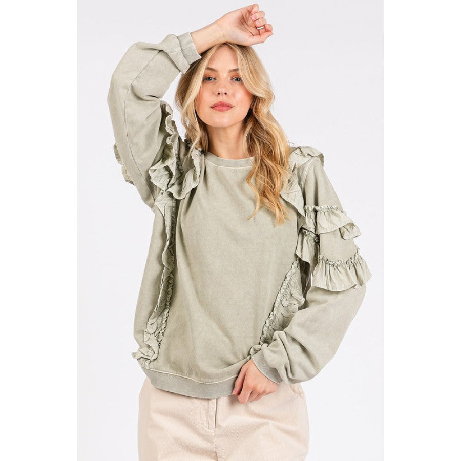 Mittoshop Ruffled Mineral Washed Round Neck Long Sleeve Sweatshirt Apparel and Accessories