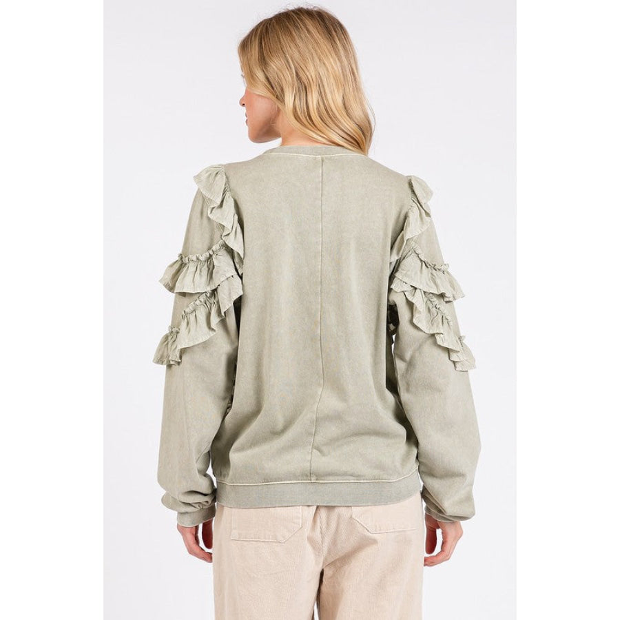 Mittoshop Ruffled Mineral Washed Round Neck Long Sleeve Sweatshirt Apparel and Accessories