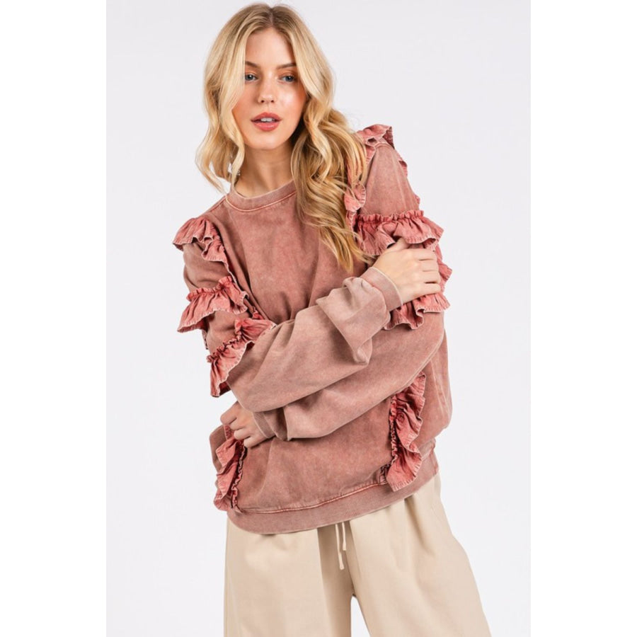 Mittoshop Ruffled Mineral Washed Round Neck Long Sleeve Sweatshirt Apparel and Accessories