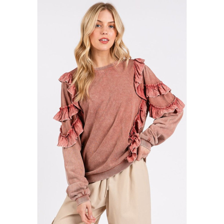 Mittoshop Ruffled Mineral Washed Round Neck Long Sleeve Sweatshirt Apparel and Accessories