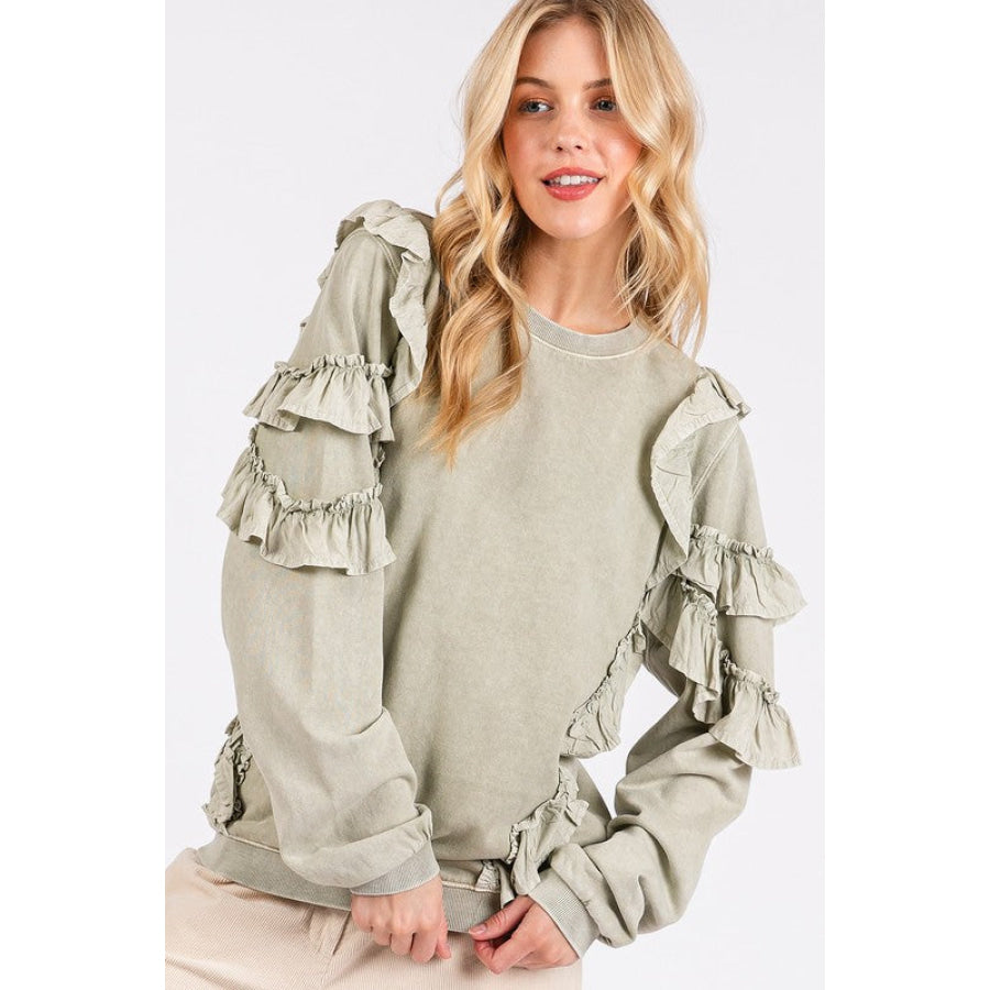 Mittoshop Ruffled Mineral Washed Round Neck Long Sleeve Sweatshirt Apparel and Accessories