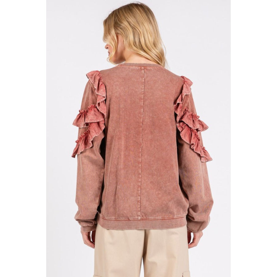 Mittoshop Ruffled Mineral Washed Round Neck Long Sleeve Sweatshirt Apparel and Accessories