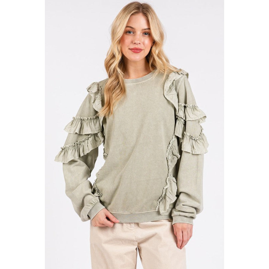 Mittoshop Ruffled Mineral Washed Round Neck Long Sleeve Sweatshirt Sage / S Apparel and Accessories