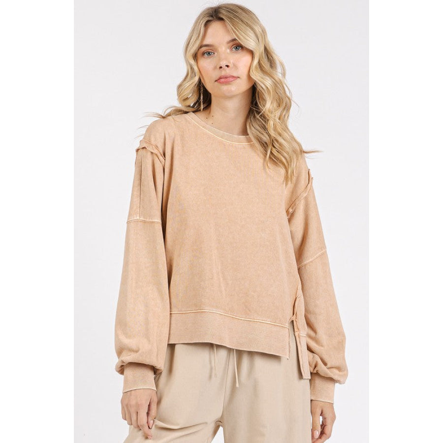 Mittoshop Side Slit Exposed Seam Round Neck Sweatshirt Apparel and Accessories